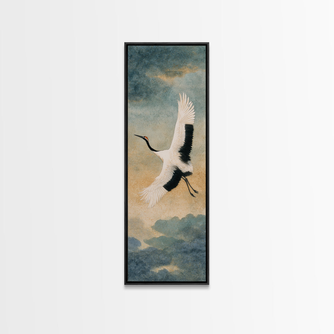 Black Ink Crane Flying Across Empty Sky Canvas Print, Black and White Art, Gothic Decor, Living Room Decor, Monochrome, BAW-1x3-73