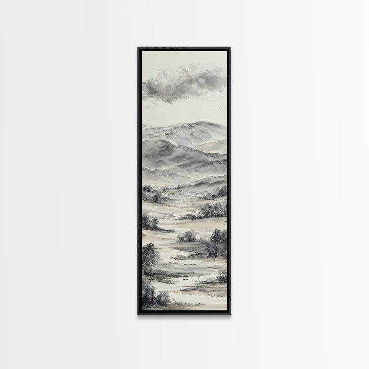 Black Ink Mountain Range Canvas Print, Black and White Art, Contemporary Art, Living Room Decor, Fine Art, Monochrome, BAW-1x3-86