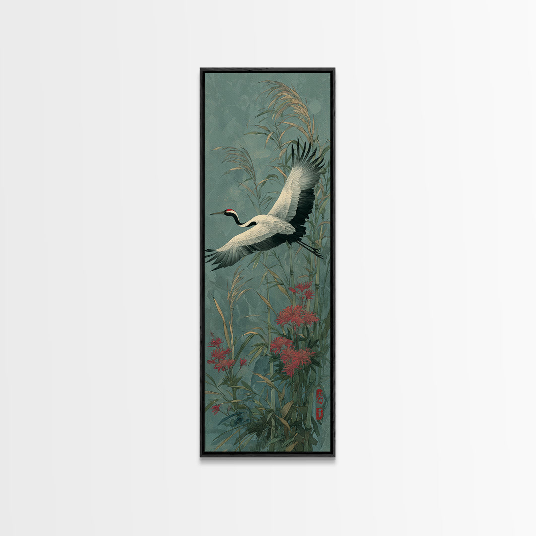 Black Ink Crane Flying Across Empty Sky Canvas Print, Black and White Art, Boho Decor, Living Room Decor, Oil Painting, BAW-1x3-97