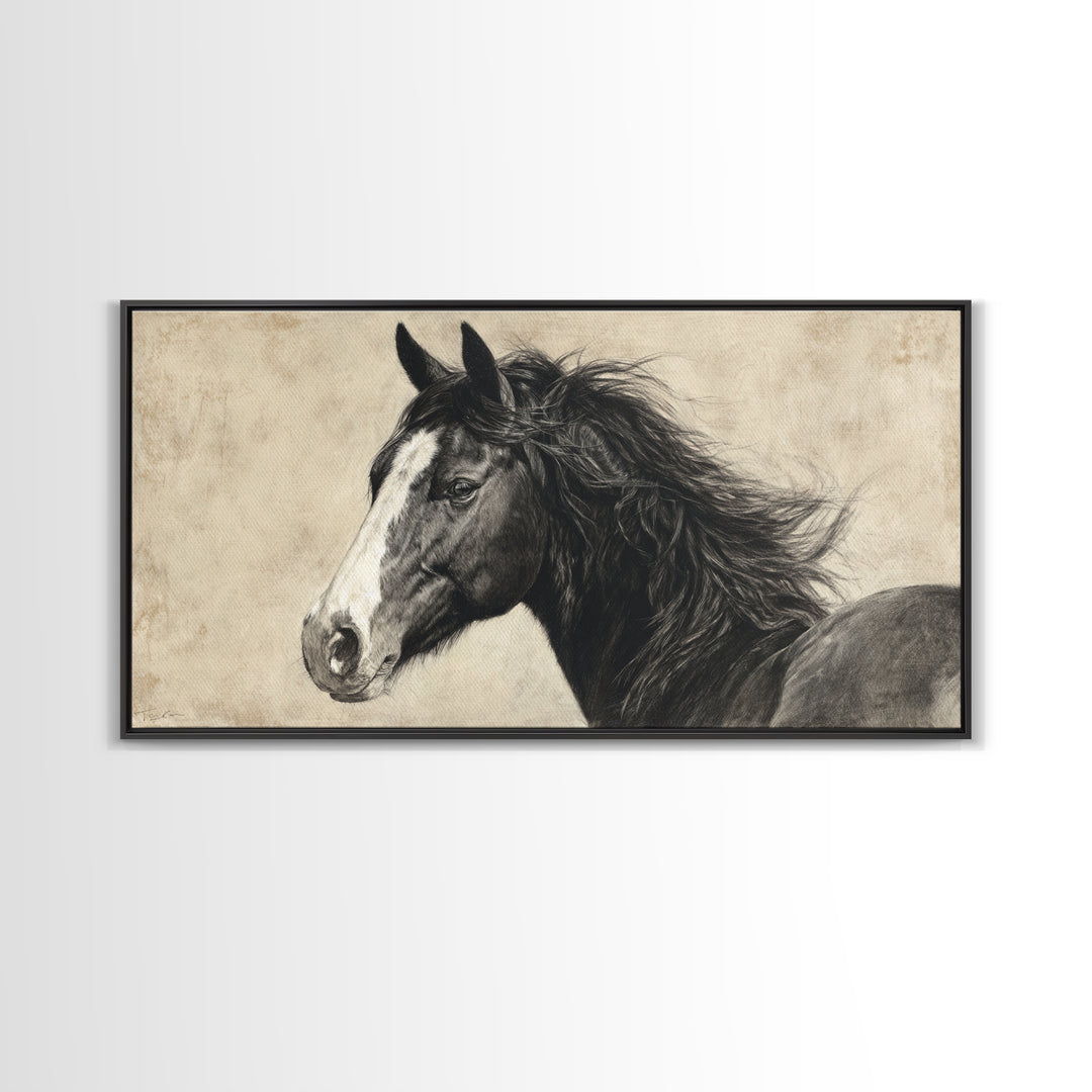Black and White Wild Horse Portrait Framed Canvas Print, Black and White Art, Art Print, Living Room Decor, Monochrome, BAW-2x1-1