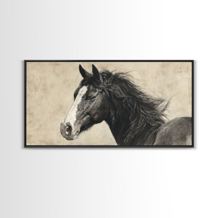 Black and White Wild Horse Portrait Framed Canvas Print, Black and White Art, Art Print, Living Room Decor, Monochrome, BAW-2x1-1