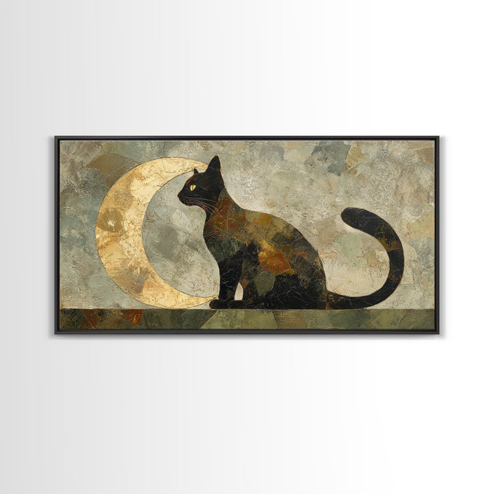 Black Cat Silhouette Framed Canvas Print, Black and White Art, Room Decor, Living Room Decor, Fine Art, Monochrome, Art Print, BAW-2x1-12