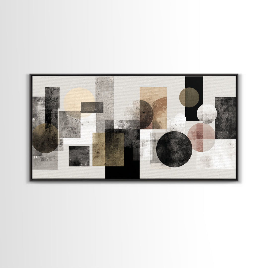 Geometric Bauhaus Grayscale Shapes Framed Canvas Print, Black and White Art, Luxury Decor, Living Room Decor, Abstract Art, BAW-2x1-14
