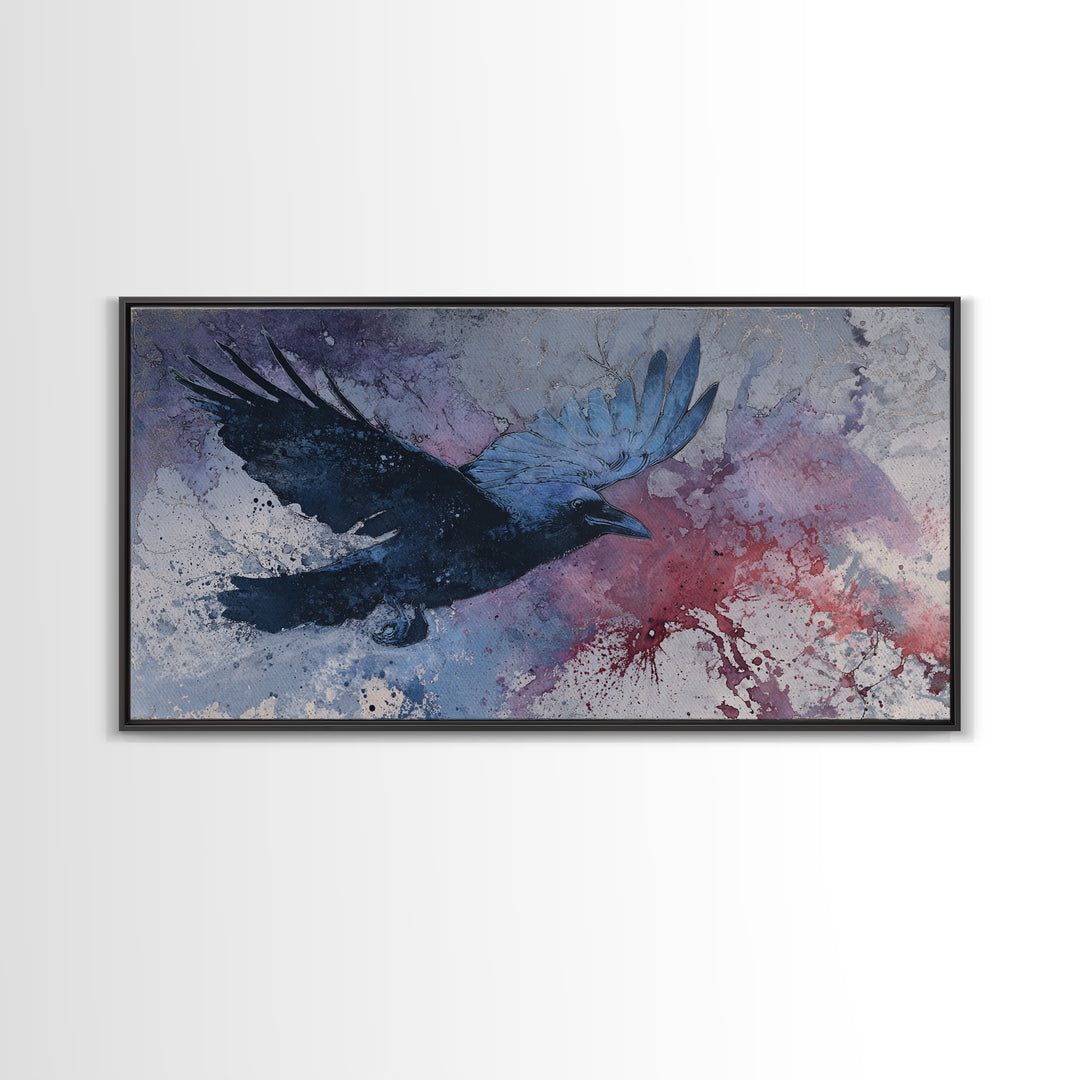 Ink Splatter Raven Composition Framed Canvas Print, Black and White Art, Fine Art Print, Living Room Decor, Monochrome, BAW-2x1-16