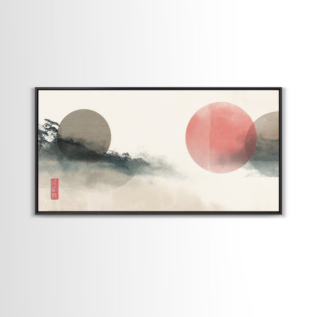 Large Circle and Line Abstract Framed Canvas Print, Black and White Art, Statement Artwork, Living Room Decor, Abstract Art, BAW-2x1-20