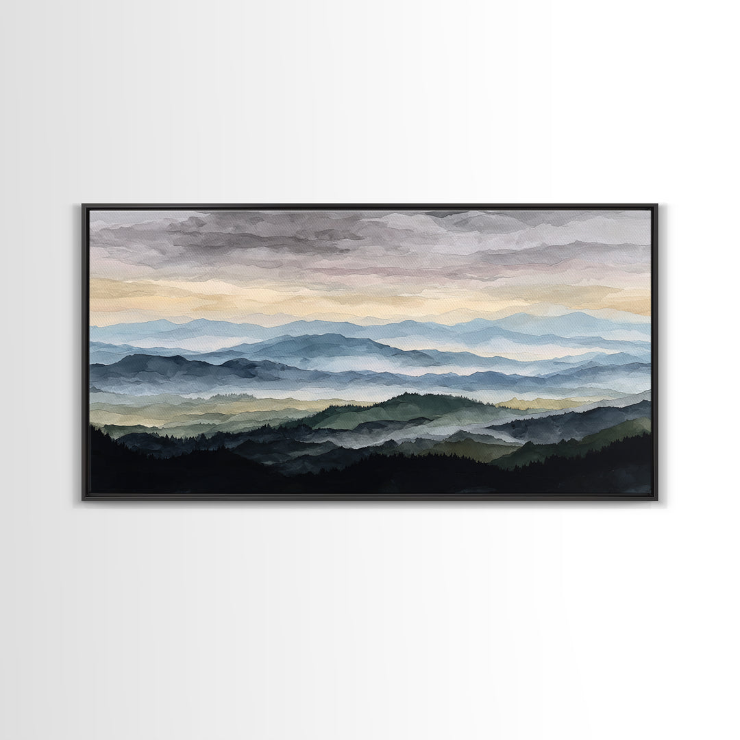 Black Ink Mountain Range Canvas Print, Black and White Art, Textured Painting, Living Room Decor, Watercolor Art, Monochrome, BAW-2x1-22