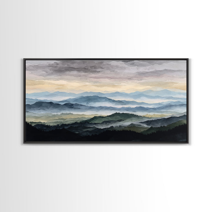 Black Ink Mountain Range Canvas Print, Black and White Art, Textured Painting, Living Room Decor, Watercolor Art, Monochrome, BAW-2x1-22