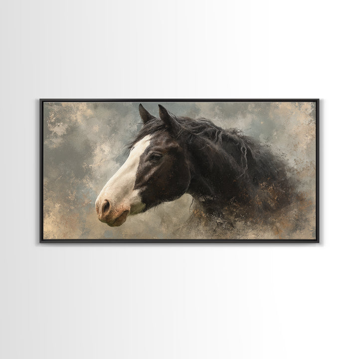 Black and White Wild Horse Portrait Framed Canvas Print, Black and White Art, Art Print, Living Room Decor, Monochrome, BAW-2x1-25