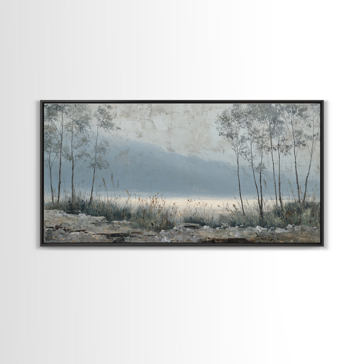 Moody Foggy Forest Framed Canvas Print, Black and White Art, Boho Decor, Living Room Decor, Monochrome, Halloween Decor, BAW-2x1-27