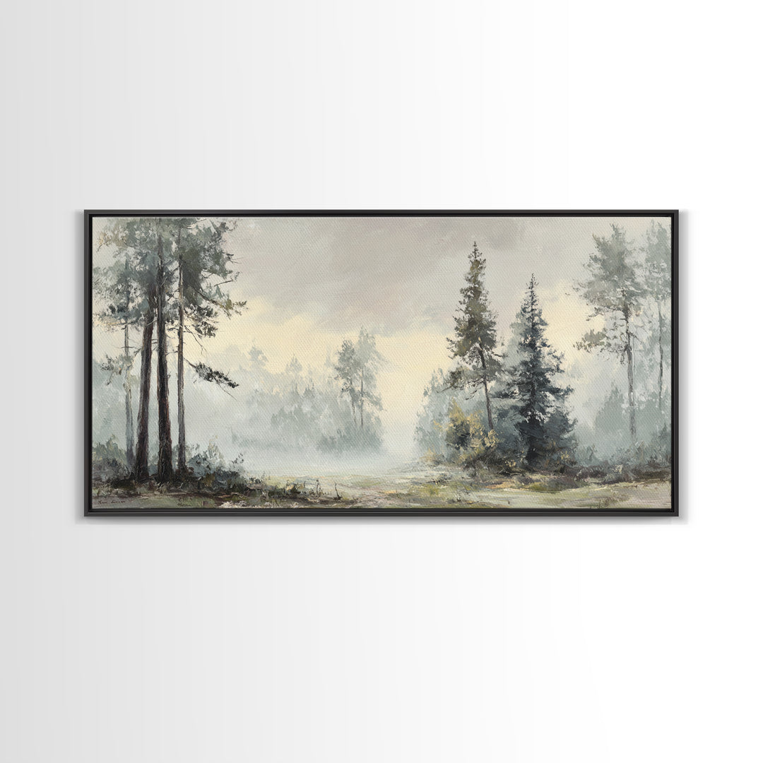 Moody Foggy Forest Framed Canvas Print, Black and White Art, Gothic Decor, Living Room Decor, Oil Painting, Monochrome, BAW-2x1-3