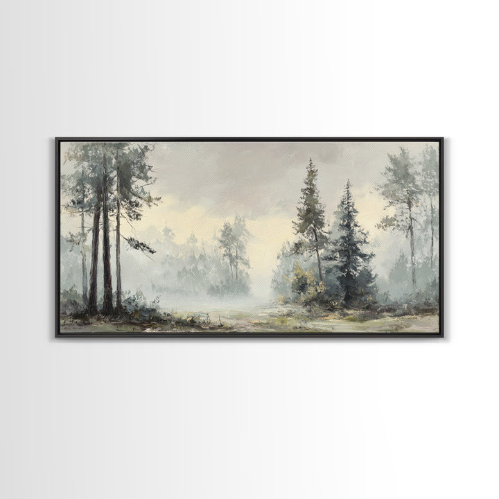 Moody Foggy Forest Framed Canvas Print, Black and White Art, Gothic Decor, Living Room Decor, Oil Painting, Monochrome, BAW-2x1-3
