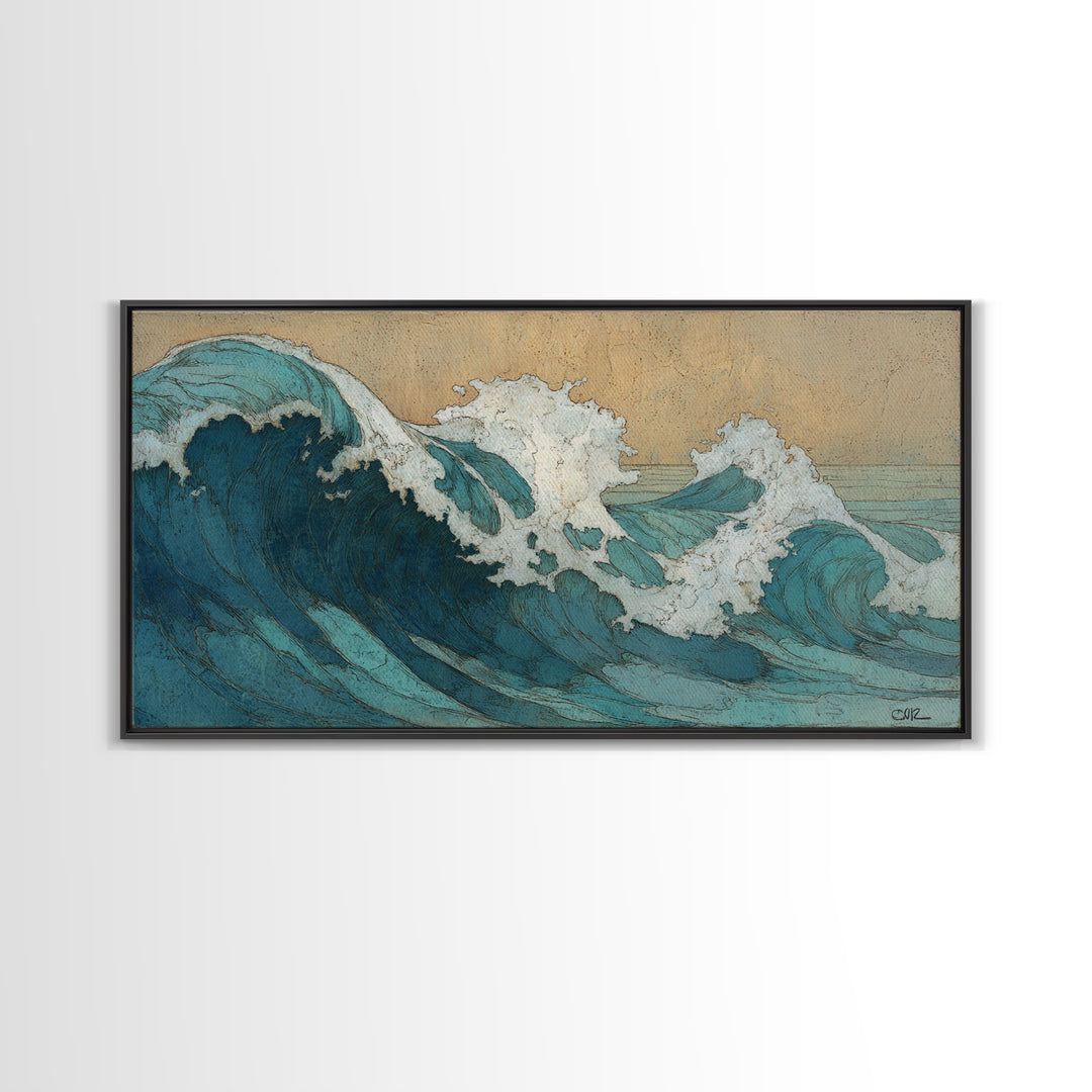 Stormy Ocean Wave Framed Canvas Print, Black and White Art, Minimalist Decor, Living Room Decor, Oil Painting, Monochrome, BAW-2x1-30
