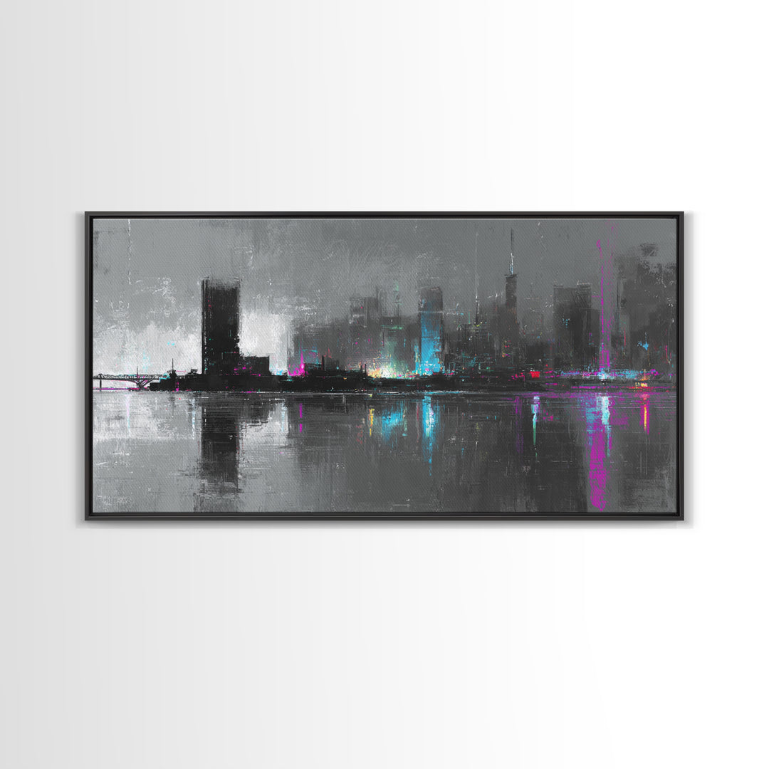 Monochrome City Skyline Reflected Canvas Print, Black and White Art, Living Room Decor, Abstract Art, Monochrome, BAW-2x1-31