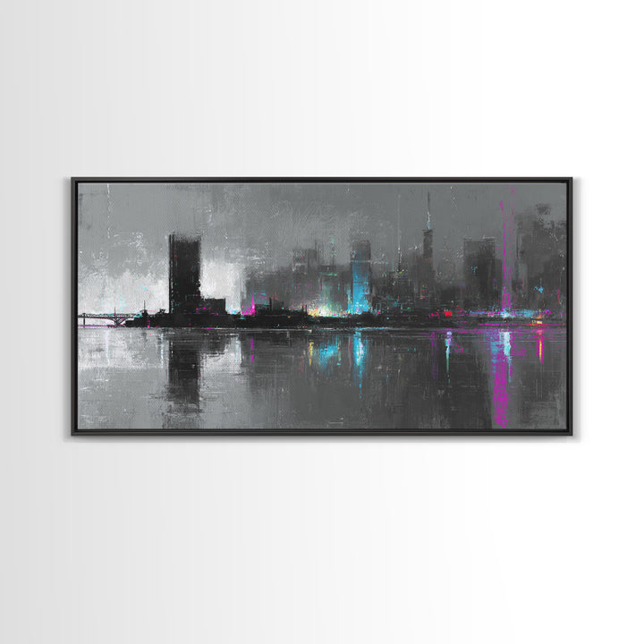 Monochrome City Skyline Reflected Canvas Print, Black and White Art, Living Room Decor, Abstract Art, Monochrome, BAW-2x1-31