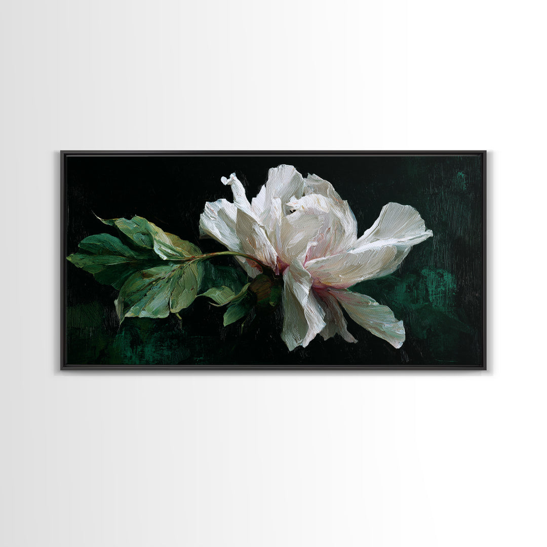 White Flower on Deep Black Background Canvas Print, Black and White Art, Wall Art, Living Room Decor, Watercolor Art, BAW-2x1-32