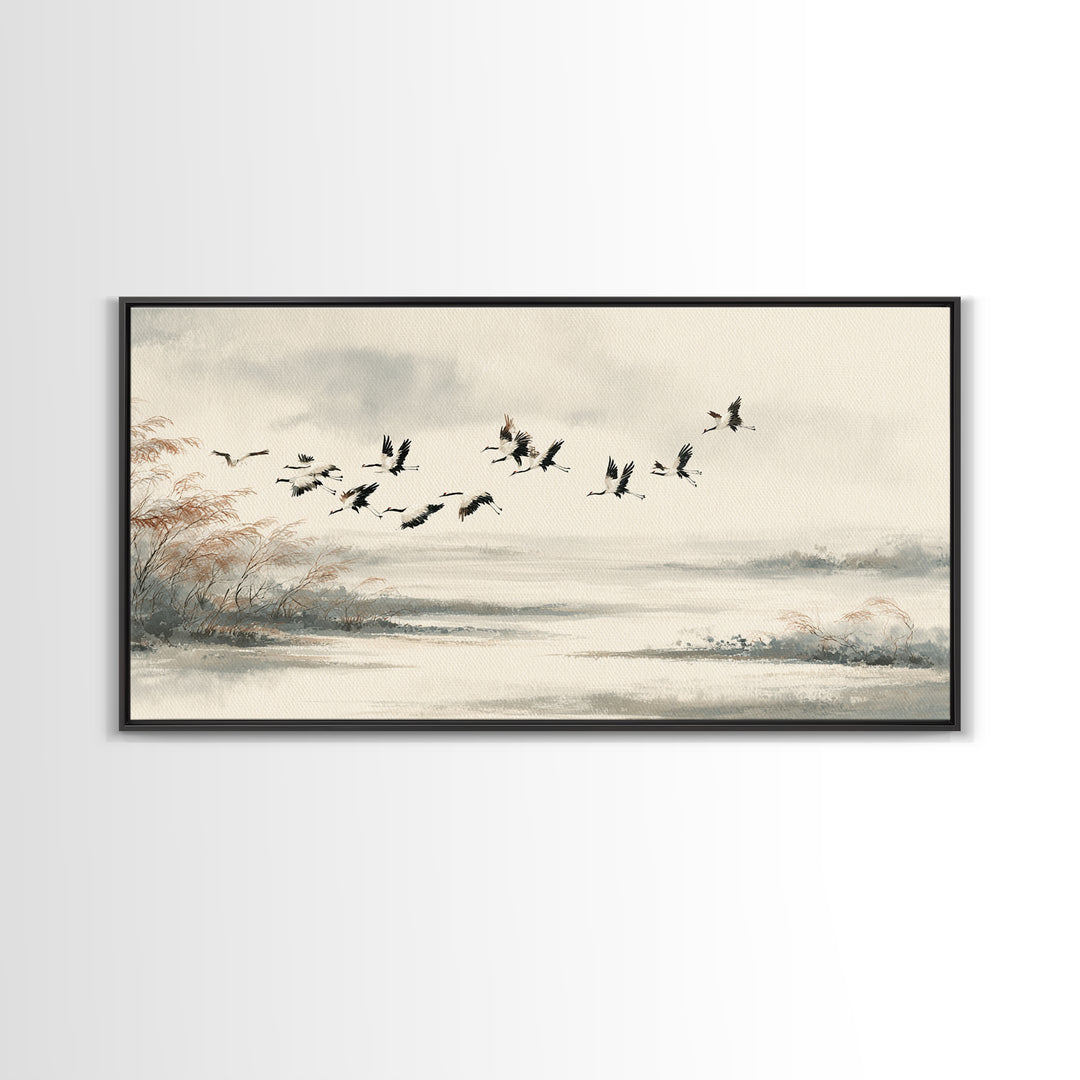 Black Ink Crane Flying Across Empty Sky Canvas Print, Black and White Art, Digital Prints, Living Room Decor, Monochrome, BAW-2x1-33