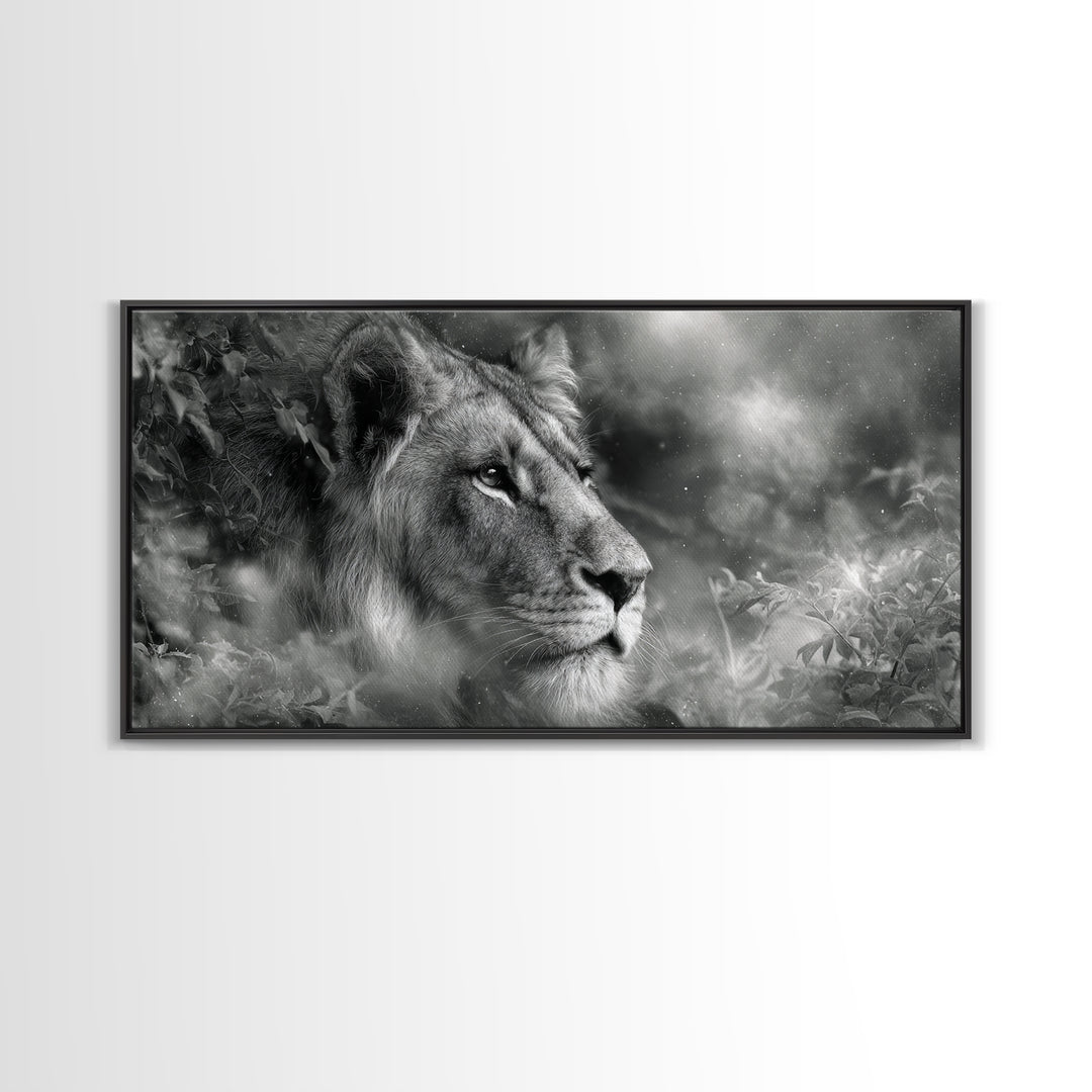 Dramatic Black and White Lion Portrait Canvas Print, Black and White Art, Halloween Decor, Living Room Decor, Monochrome, BAW-2x1-37