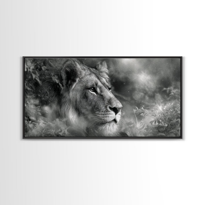 Dramatic Black and White Lion Portrait Canvas Print, Black and White Art, Halloween Decor, Living Room Decor, Monochrome, BAW-2x1-37
