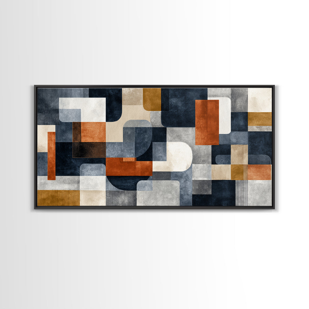 Geometric Bauhaus Grayscale Shapes Framed Canvas Print, Black and White Art, Luxury Decor, Living Room Decor, Abstract Art, BAW-2x1-38