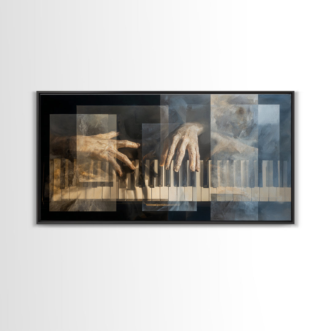 Piano Keys and Hands Framed Canvas Print, Black and White Art, Room Decor, Living Room Decor, Fine Art, Monochrome, Art Print, BAW-2x1-42
