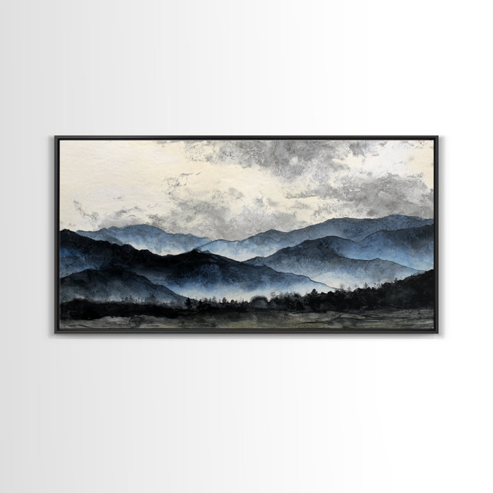 Black Ink Mountain Range Framed Canvas Print, Black and White Art, Art, Living Room Decor, Fine Art, Monochrome, Original Art, BAW-2x1-46
