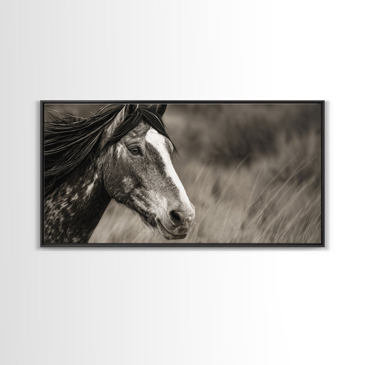 Black and White Wild Horse Portrait Canvas Print, Black and White Art, Large Wall Art, Living Room Decor, Fine Art, Monochrome, BAW-2x1-49