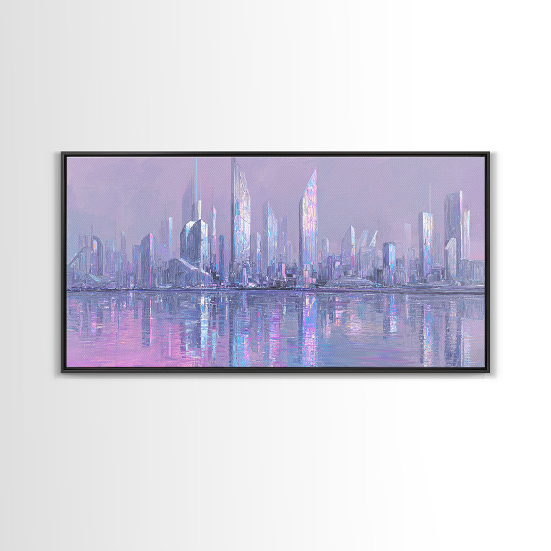 Monochrome City Skyline Reflected Framed Canvas Print, Black and White Art, Wood Wall Art, Living Room Decor, Monochrome, BAW-2x1-55