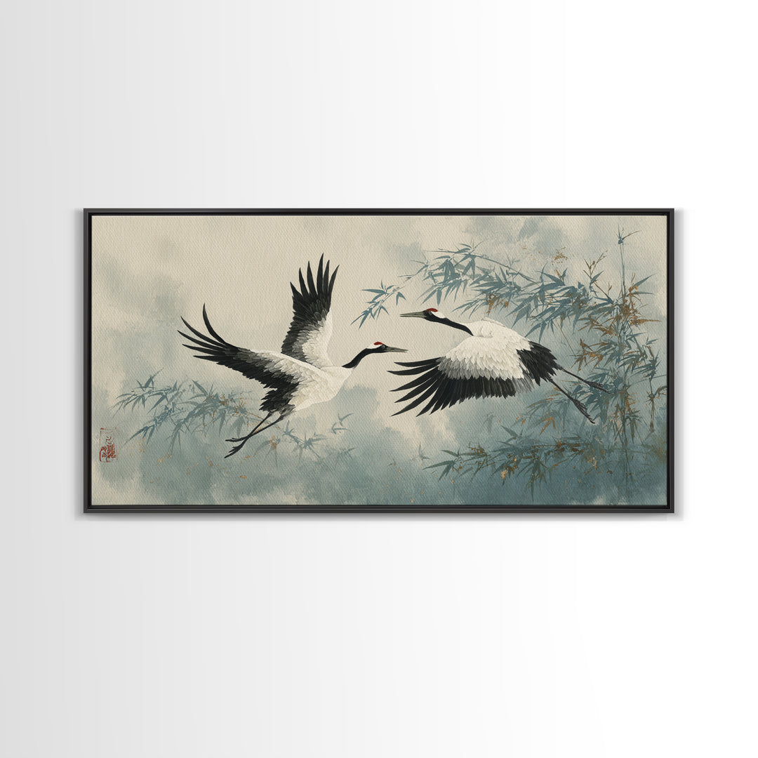 Black Ink Crane Flying Across Empty Sky Canvas Print, Black and White Art, Printable, Living Room Decor, Fine Art, Monochrome, BAW-2x1-57
