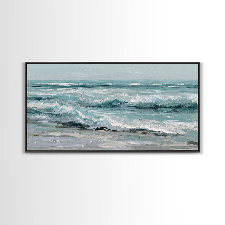 Stormy Ocean Wave Framed Canvas Print, Black and White Art, Minimalist Decor, Living Room Decor, Oil Painting, Monochrome, BAW-2x1-6