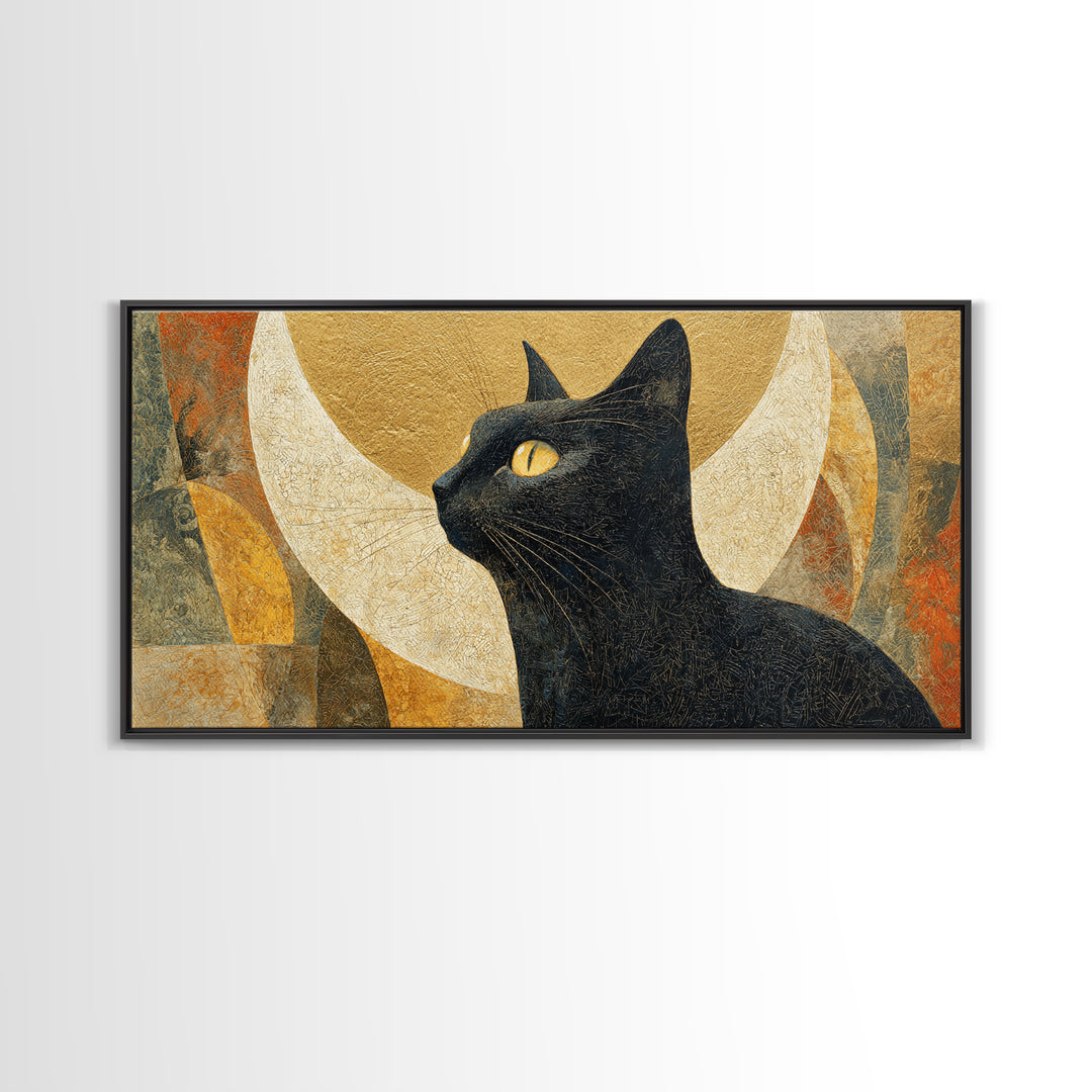 Black Cat Silhouette Framed Canvas Print, Black and White Art, Art Prints, Living Room Decor, Oil Painting, Monochrome, BAW-2x1-60