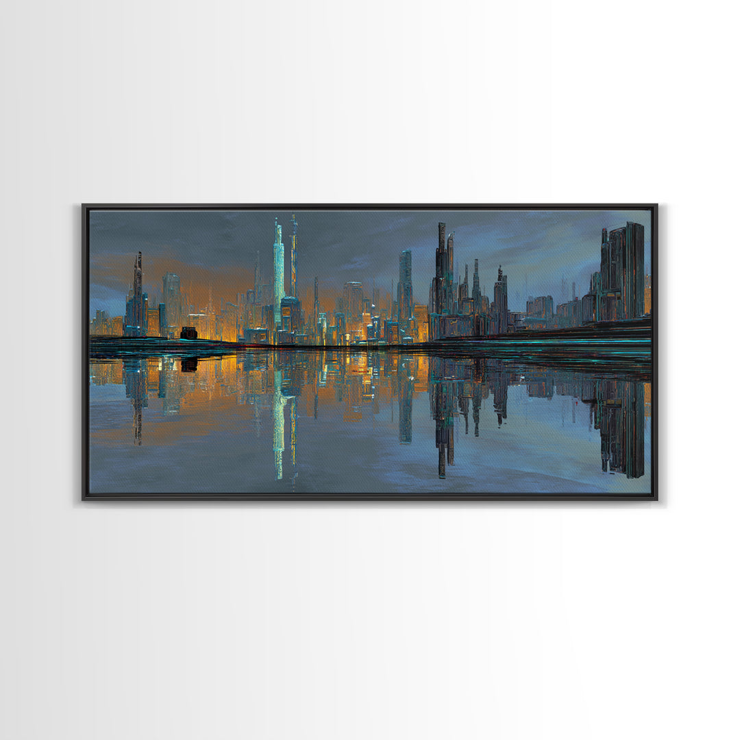 Monochrome City Skyline Reflected Framed Canvas Print, Black and White Art, Halloween Decor, Living Room Decor, Abstract Art, BAW-2x1-7