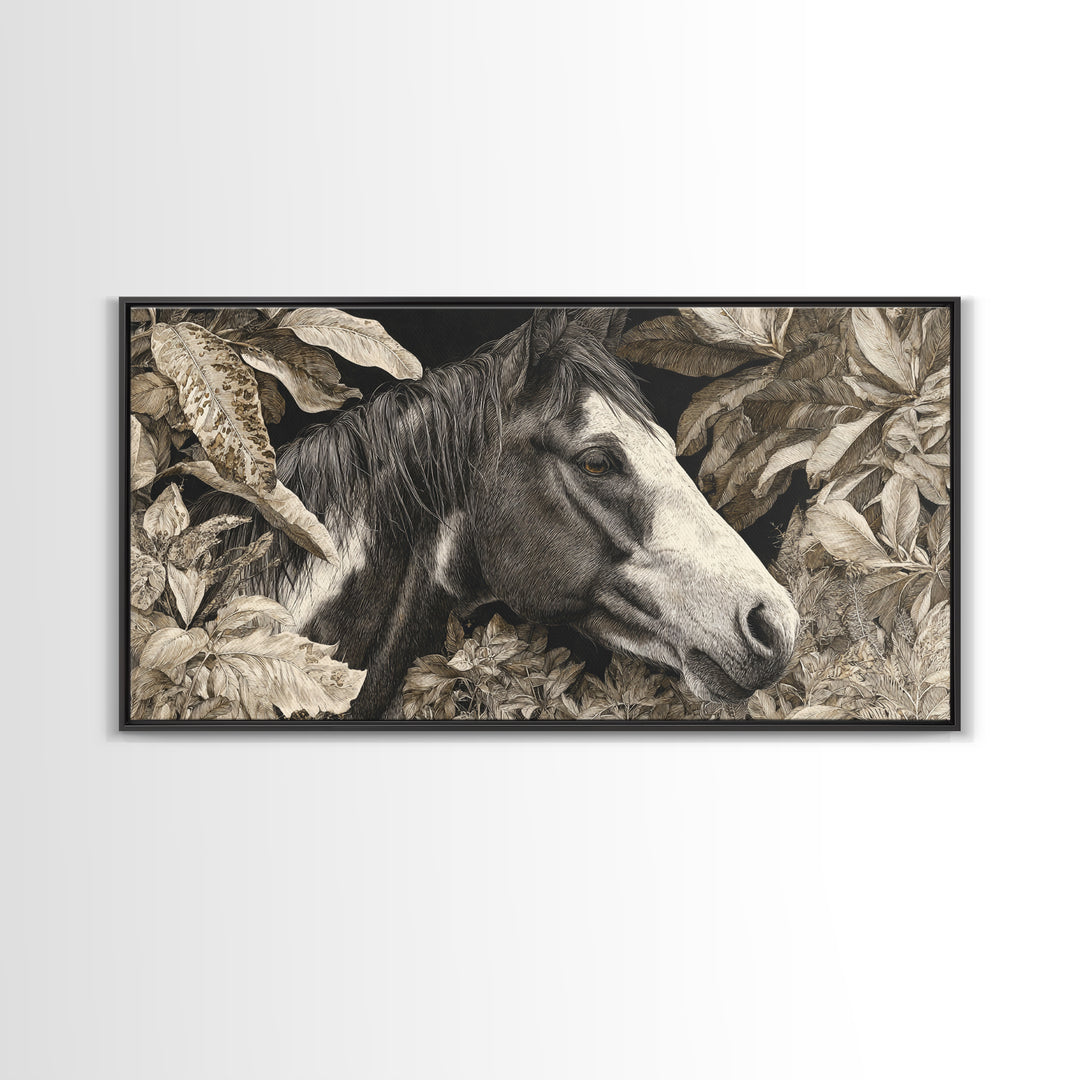 Black and White Wild Horse Portrait Canvas Print, Black and White Art, Large Wall Art, Living Room Decor, Fine Art, Monochrome, BAW-2x1-73