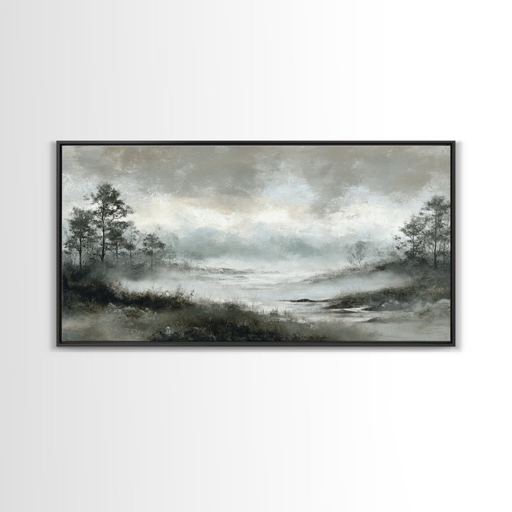 Moody Foggy Forest Framed Canvas Print, Black and White Art, Room Decor, Living Room Decor, Fine Art, Monochrome, Art Print, BAW-2x1-75