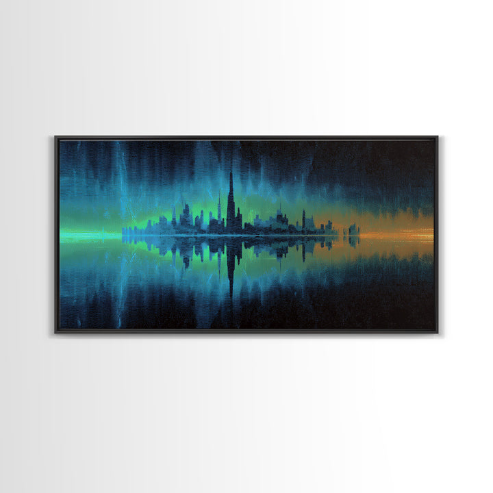 Monochrome City Skyline Reflected Framed Canvas Print, Black and White Art, Cabin Decor, Living Room Decor, Abstract Art, BAW-2x1-79