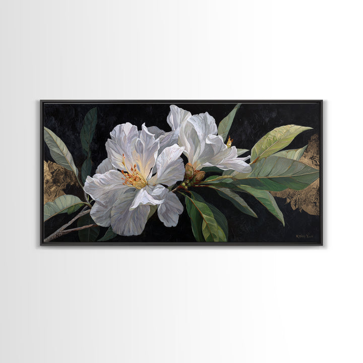 White Flower on Deep Black Background Canvas Print, Black and White Art, Luxury Decor, Living Room Decor, Monochrome, BAW-2x1-8