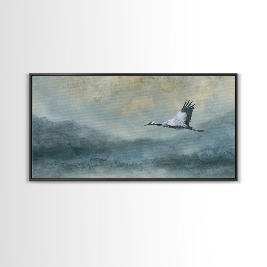 Black Ink Crane Flying Across Empty Sky Canvas Print, Black and White Art, Abstract Art, Living Room Decor, Monochrome, BAW-2x1-81