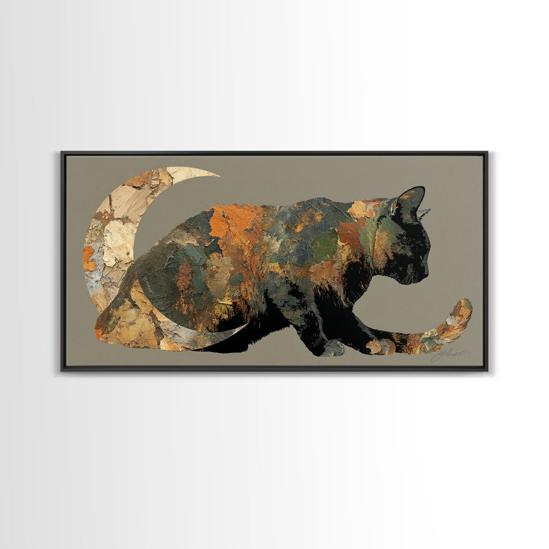 Black Cat Silhouette Framed Canvas Print, Black and White Art, Printable Art, Living Room Decor, Fine Art, Monochrome, BAW-2x1-84