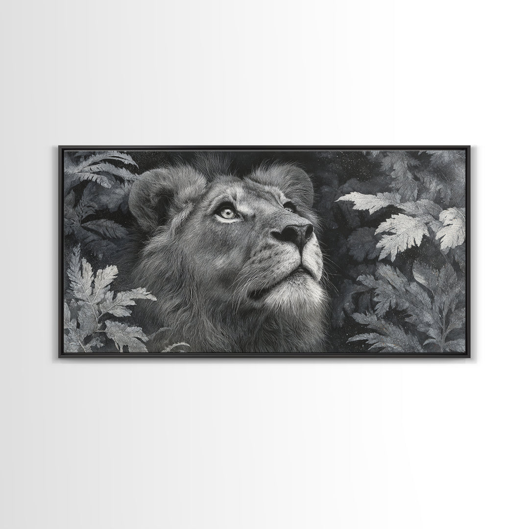 Dramatic Black and White Lion Portrait Framed Canvas Print, Black and White Art, Wood Wall Art, Living Room Decor, Monochrome, BAW-2x1-85