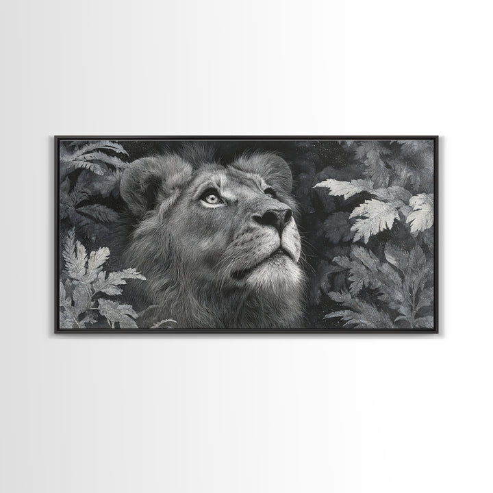 Dramatic Black and White Lion Portrait Framed Canvas Print, Black and White Art, Wood Wall Art, Living Room Decor, Monochrome, BAW-2x1-85