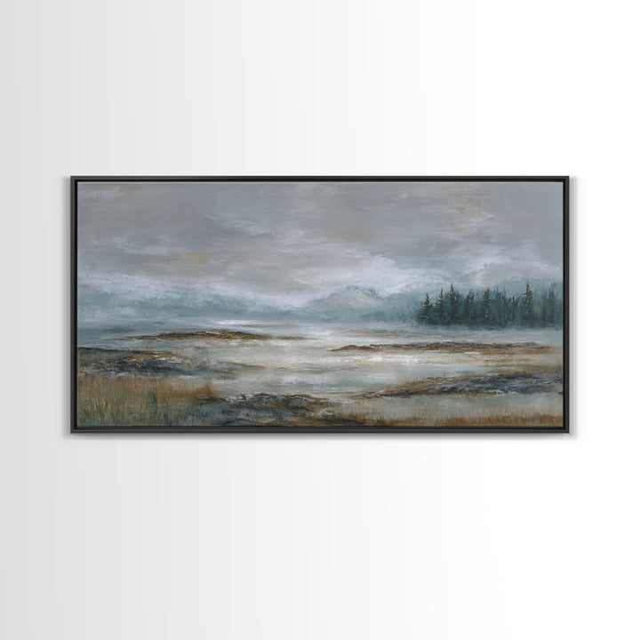 Misty Bridge Landscape Framed Canvas Print, Black and White Art, Retro Wall Art, Living Room Decor, Fine Art, Monochrome, BAW-2x1-87