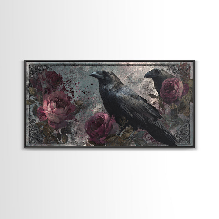 Ink Splatter Raven Composition Framed Canvas Print, Black and White Art, Large Wall Art, Living Room Decor, Monochrome, BAW-2x1-88