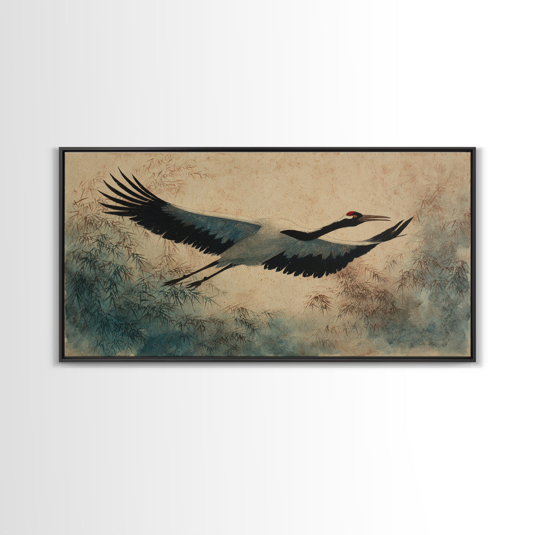 Black Ink Crane Flying Across Empty Sky Canvas Print, Black and White Art, Digital Prints, Living Room Decor, Monochrome, BAW-2x1-9