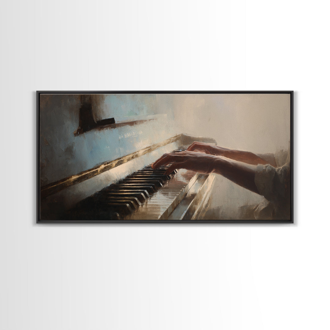 Piano Keys and Hands Framed Canvas Print, Black and White Art, Art Prints, Living Room Decor, Oil Painting, Monochrome, BAW-2x1-90