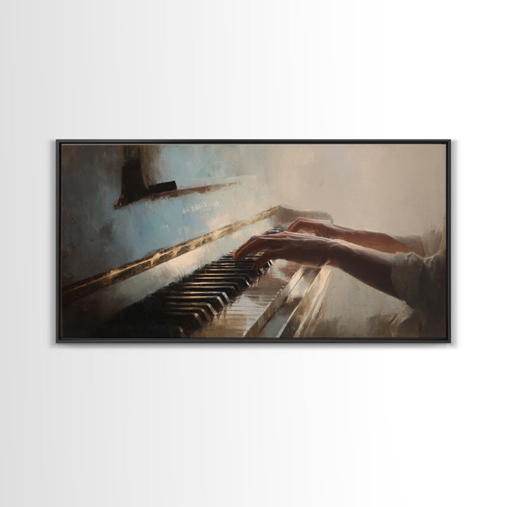 Piano Keys and Hands Framed Canvas Print, Black and White Art, Art Prints, Living Room Decor, Oil Painting, Monochrome, BAW-2x1-90