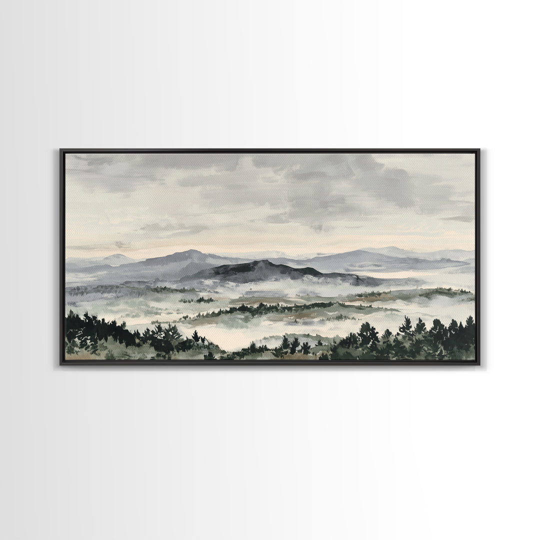 Black Ink Mountain Range Canvas Print, Black and White Art, Living Room Decor, Oil Painting, Monochrome, Abstract Wall Art, BAW-2x1-94