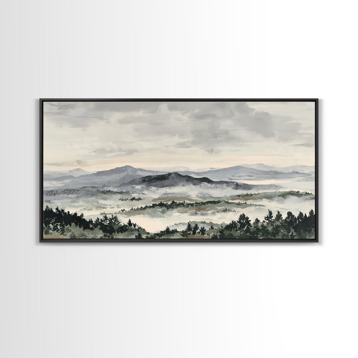 Black Ink Mountain Range Canvas Print, Black and White Art, Living Room Decor, Oil Painting, Monochrome, Abstract Wall Art, BAW-2x1-94