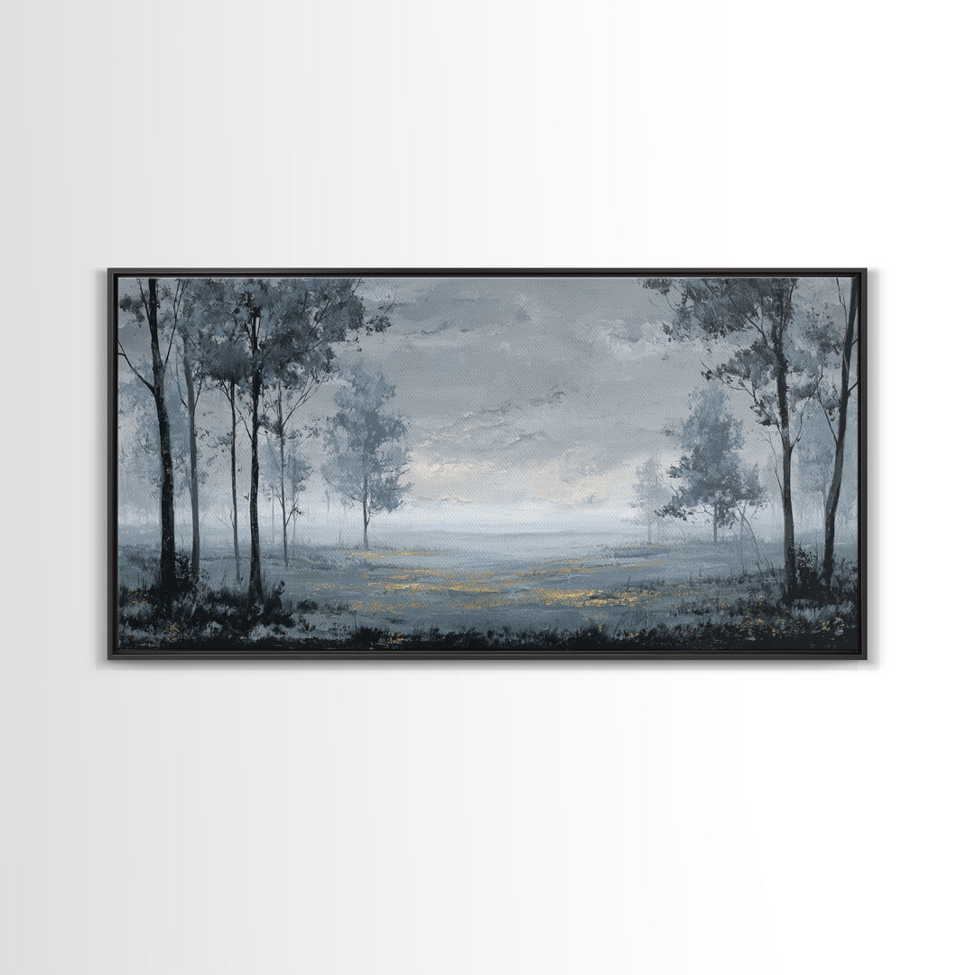 Moody Foggy Forest Framed Canvas Print, Black and White Art, Printable Art, Living Room Decor, Monochrome, Gallery Decor, BAW-2x1-99