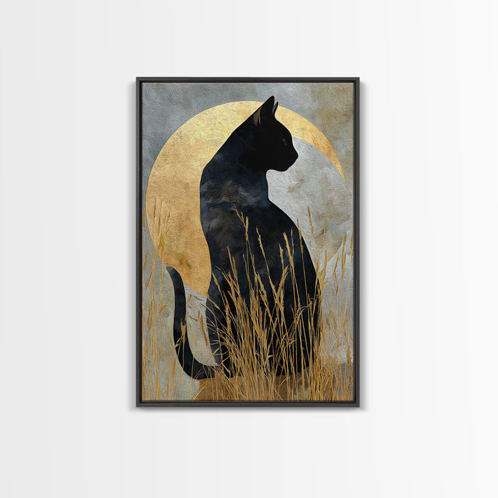 Black Cat Silhouette Framed Canvas Print, Black and White Art, Modern Decor, Living Room Decor, Fine Art, Monochrome, BAW-2x3-24