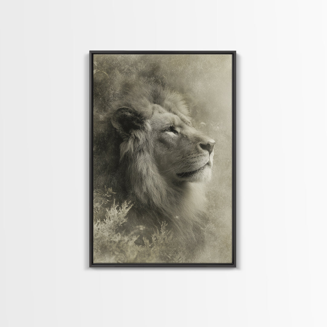 Dramatic Black and White Lion Portrait Framed Canvas Print, Black and White Art, Art Print, Living Room Decor, Monochrome, BAW-2x3-25
