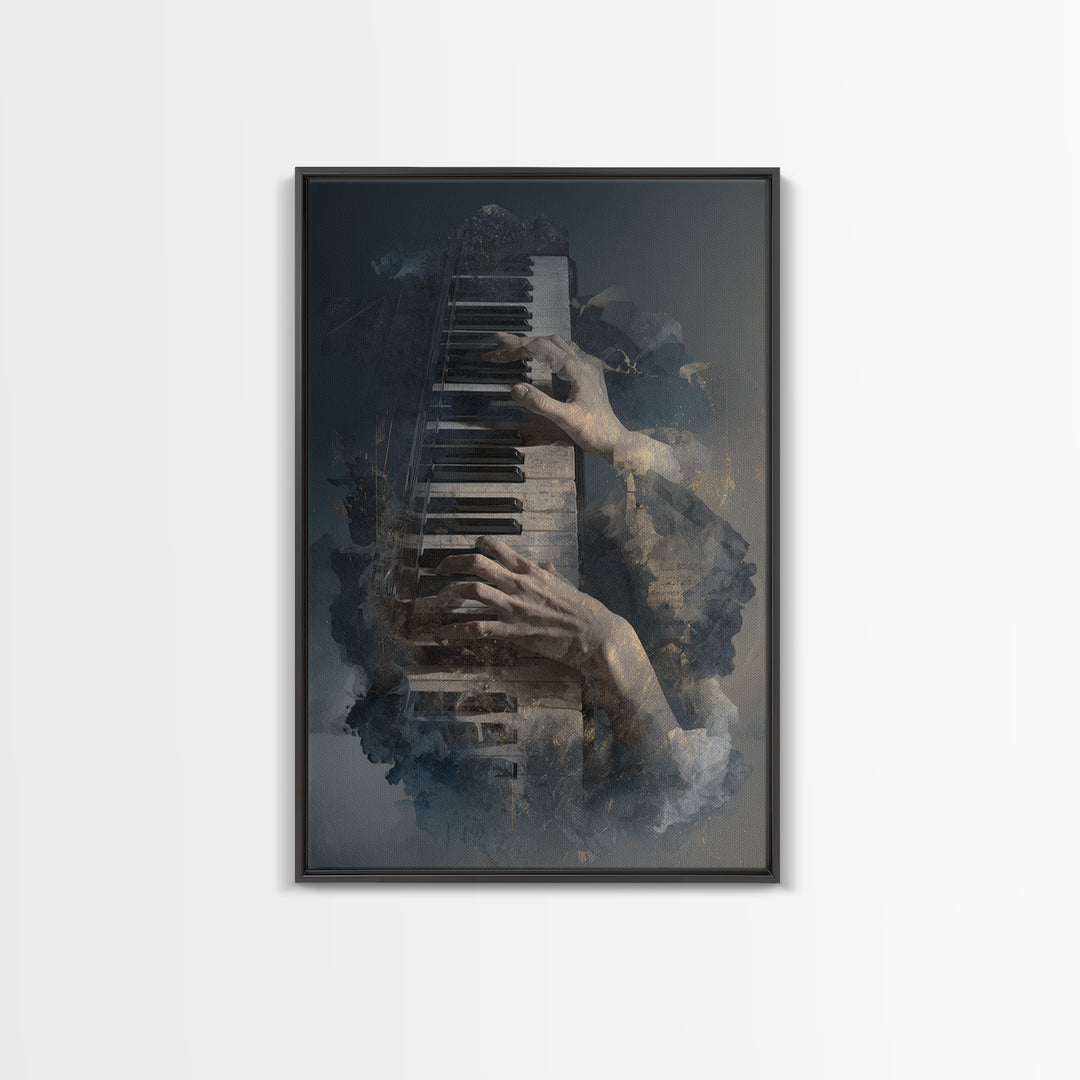 Piano Keys and Hands Framed Canvas Print, Black and White Art, Minimalist Decor, Living Room Decor, Fine Art, Monochrome, BAW-2x3-30